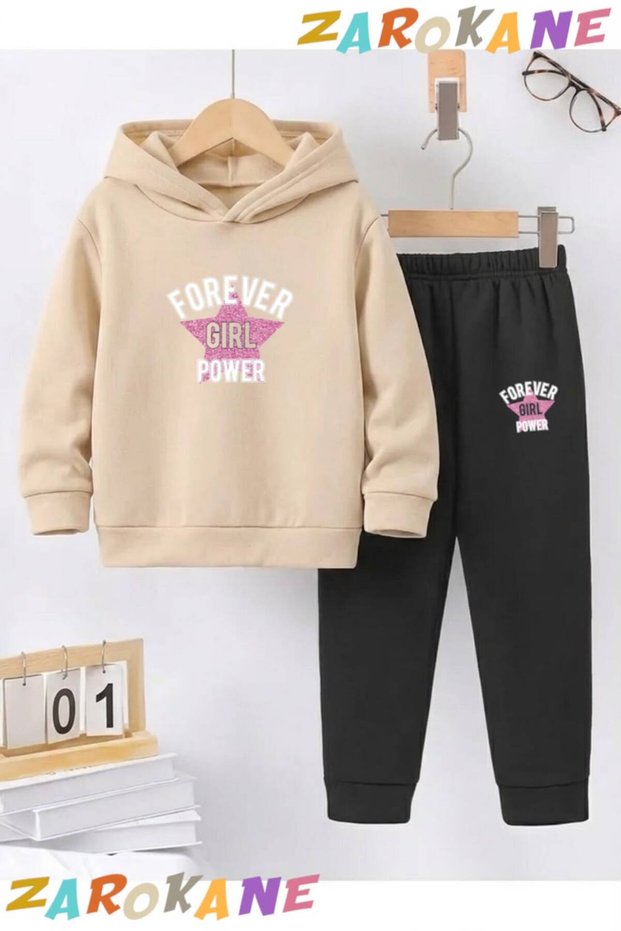 Power Girl Printed Winter Children's Hooded Top and Bottom Cotton Tracksuit Set (Bottom Pants with Pockets)