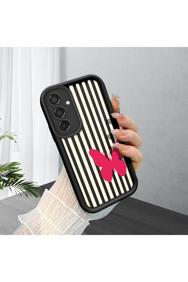 Samsung Galaxy M15 Compatible Black Silicone Case with Black and White Stripes Butterfly Pattern Camera Protection Shock Absorbing
