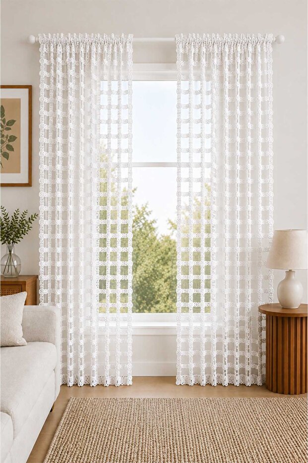 Macrame 18303 Brode Special Size Tulle Curtain 120X260 Without Pleats