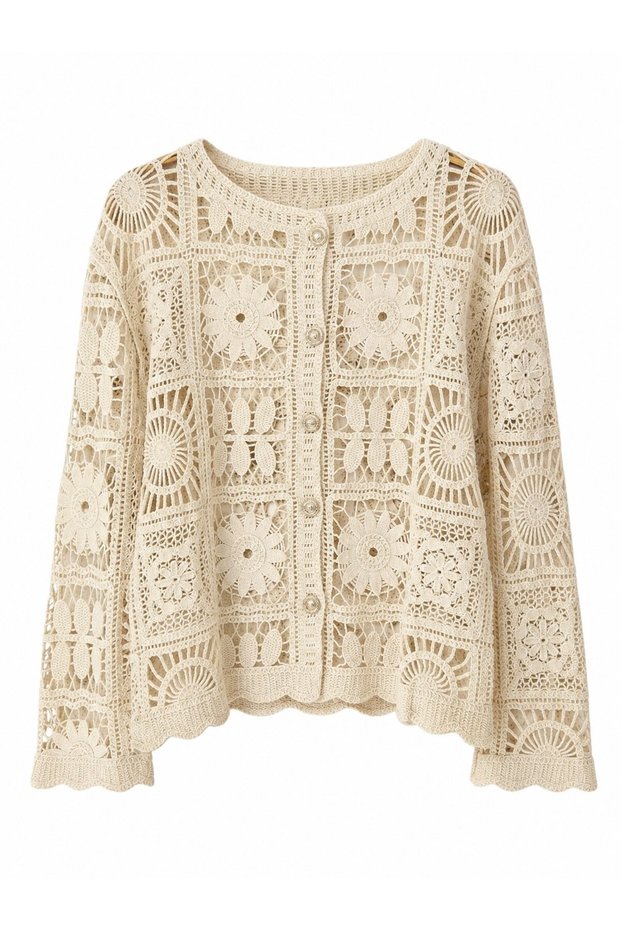 Tilly Floral Motif Buttoned Crochet Cardigan Women's Cream