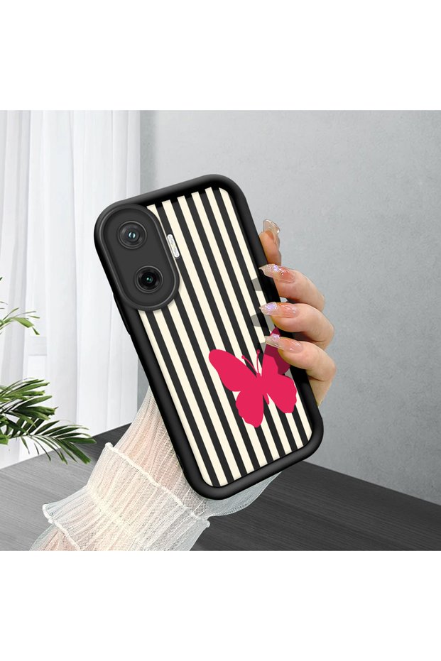 Poco F7 Compatible Black Silicone Case with Black and White Stripes Butterfly Pattern, Camera Protection, Shock Absorption