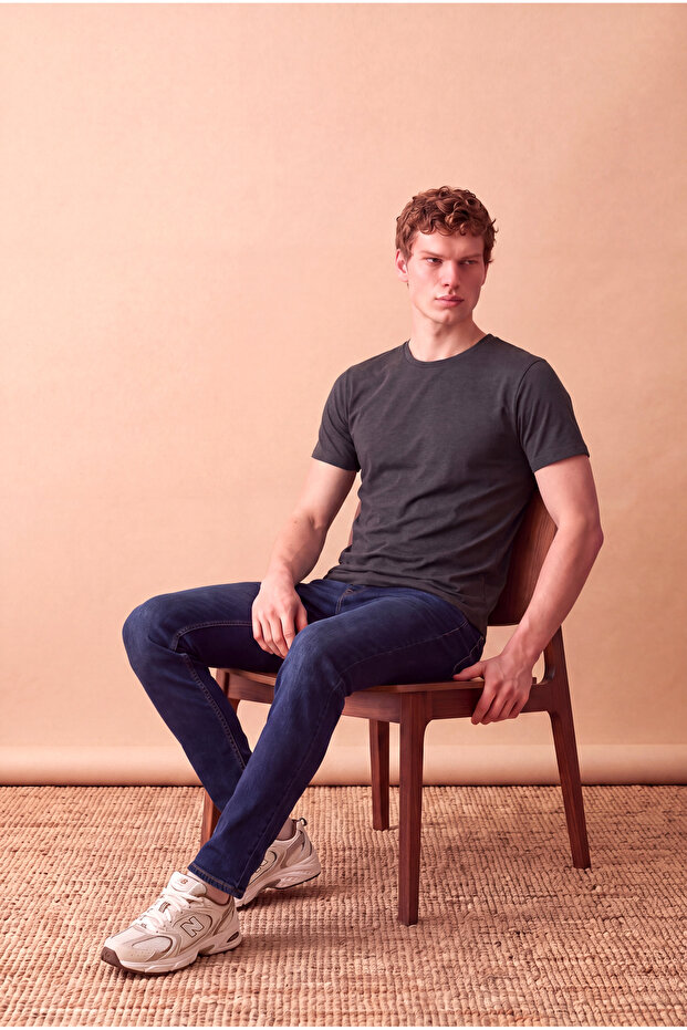 Men's Viscose Blended Dark Gray Melange Short Sleeve Crew Neck Basic T-Shirt Olav