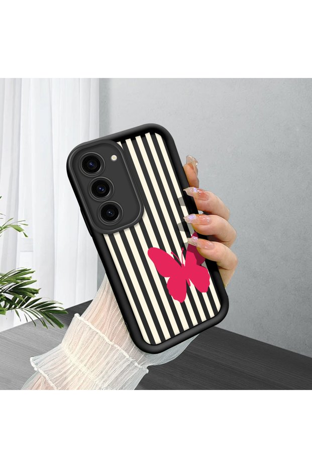 Samsung Galaxy S23 Compatible Black Silicone Case Black-White Striped Butterfly Pattern Camera Protected Shock Absorbing