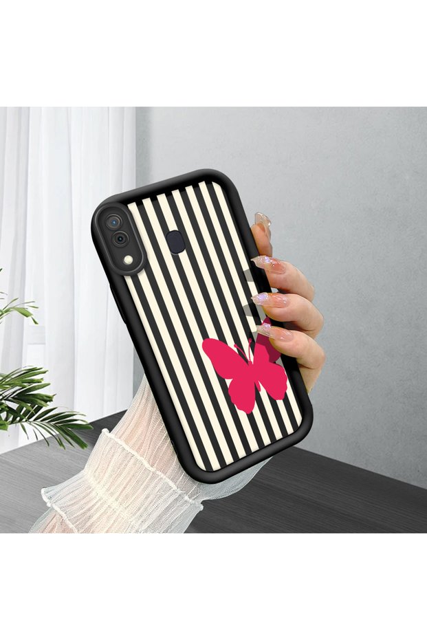 Samsung Galaxy A20/A30 Compatible Black Silicone Case with Black and White Stripes Butterfly Pattern Camera Protection Shock Absorbing