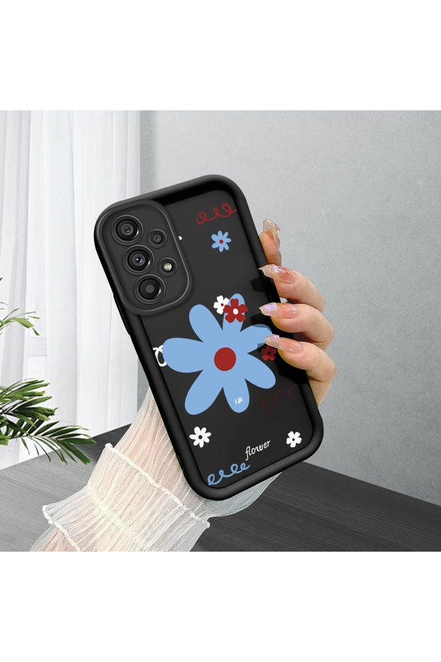 Samsung Galaxy A73 Compatible Black Silicone Case Colorful Flower Pattern Camera Protected Shock Absorbent