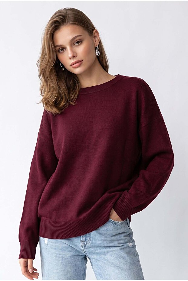 7021 women's crew neck oversized basic premium knit sweater - burgundy