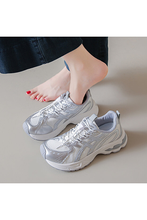 Women's Silver Running Lace-Up Sneakers