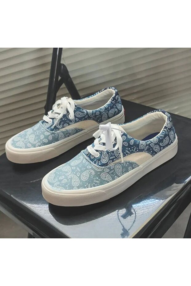 Women's Blue Paisley Canvas Lace-Up Sneakers