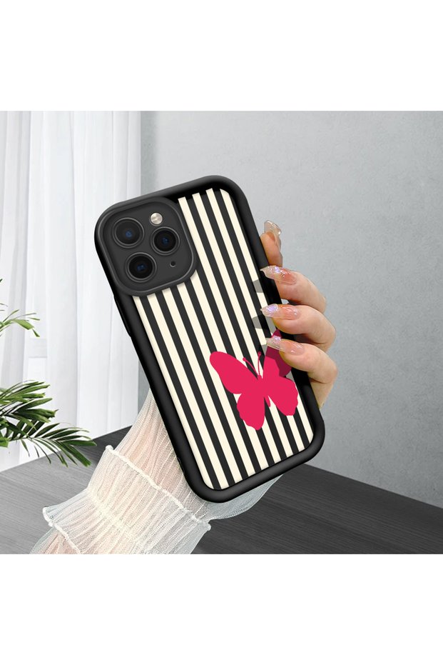 iPhone 11 Pro Max Compatible Black Silicone Case with Black and White Stripes Butterfly Pattern Camera Protection Shock Absorbing