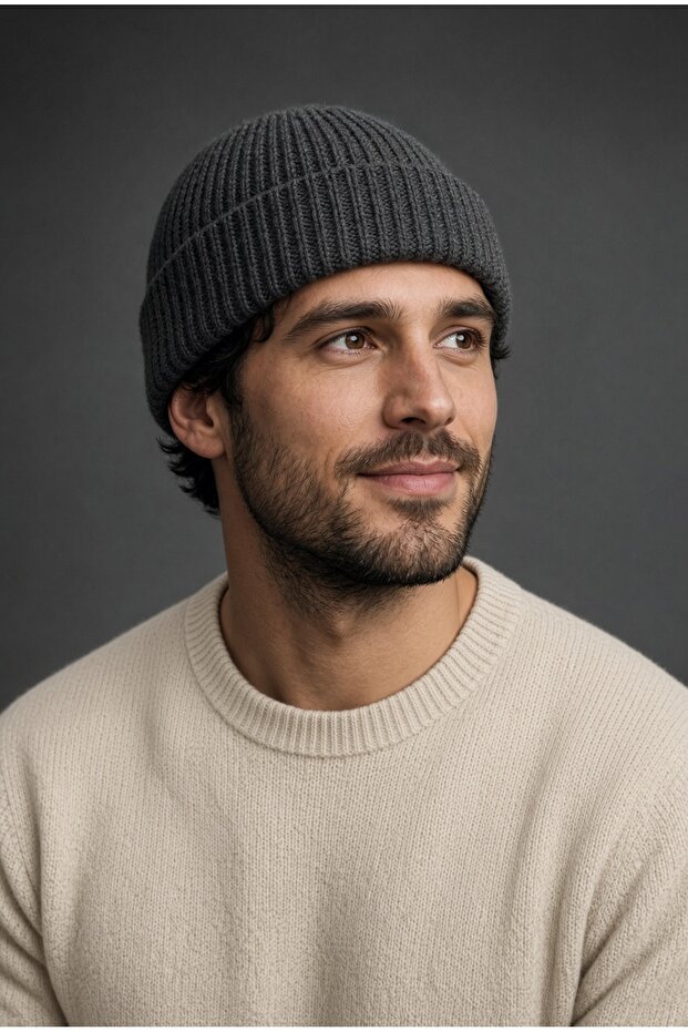 Unisex Winter Knitwear Anthracite Beanie | Plain Basic Knitted Beanie Model