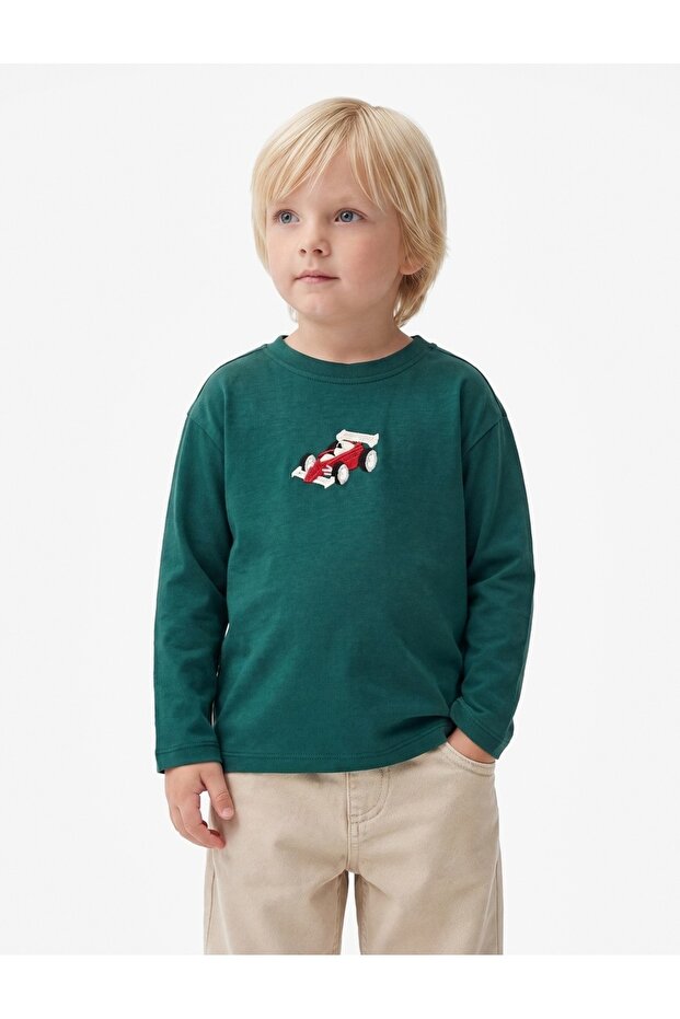 Cotton Long Sleeve Crew Neck Embroidered Oversize T-Shirt