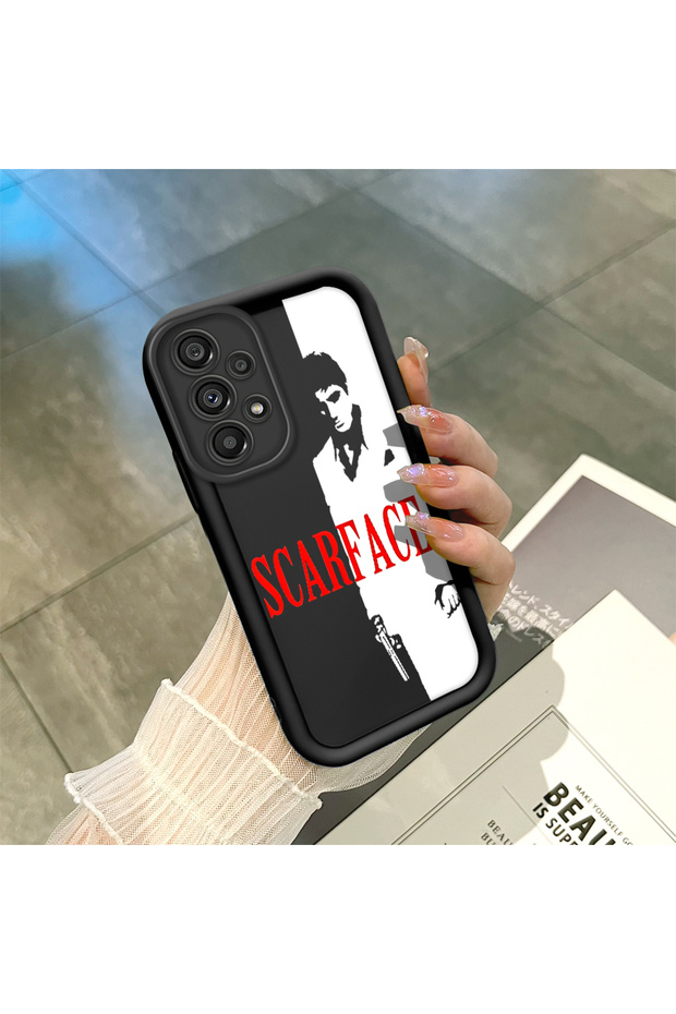 Samsung Galaxy A73 Compatible Black Silicone Case Scarface Film Themed Black-White Design Camera Protected Shock Absorbing
