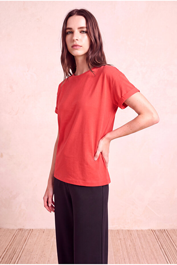 Women's Modal / Cotton Brick Red Folded Short Sleeve Drop Shoulder Crew Neck T-Shirt Palma
