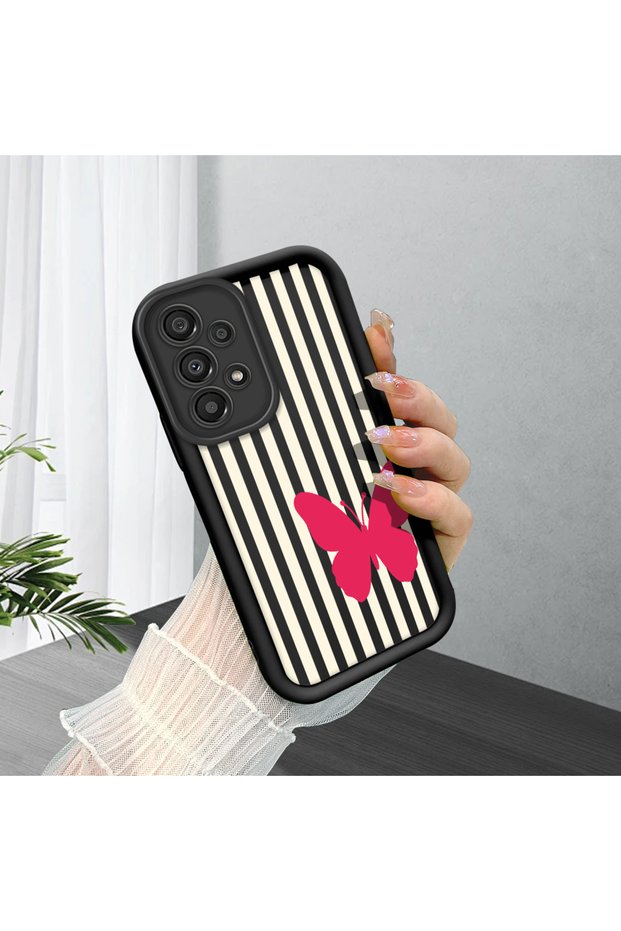 Samsung Galaxy A33 Compatible Black Silicone Case with Black and White Stripes Butterfly Pattern Camera Protection Shock Absorbing