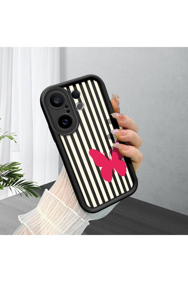 Vivo X200 Fe Compatible Black Silicone Case with Black and White Stripes Butterfly Pattern, Camera Protection, Shock Absorption