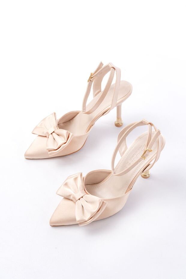 Zri̇n-4505 premium beige satin open-back heeled sandal with ribbon detail - 11 cm