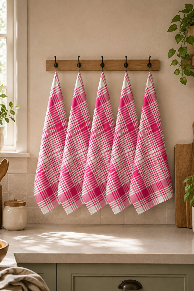 Set of 5 Plaid Patterned Kitchen Towels & Drying Cloths 50X70 cm Pink Checkered Cotton Kitchen Napkins