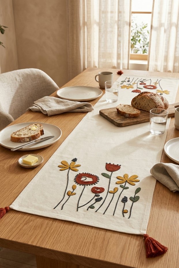 Poppy Garden Punch Embroidered Floral Runner 40X130 cm Cotton Panama Linen