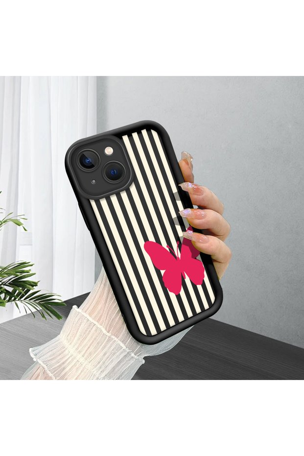 iPhone 15 Plus Compatible Black Silicone Case with Black and White Stripes Butterfly Pattern, Camera Protection, Shock Absorption