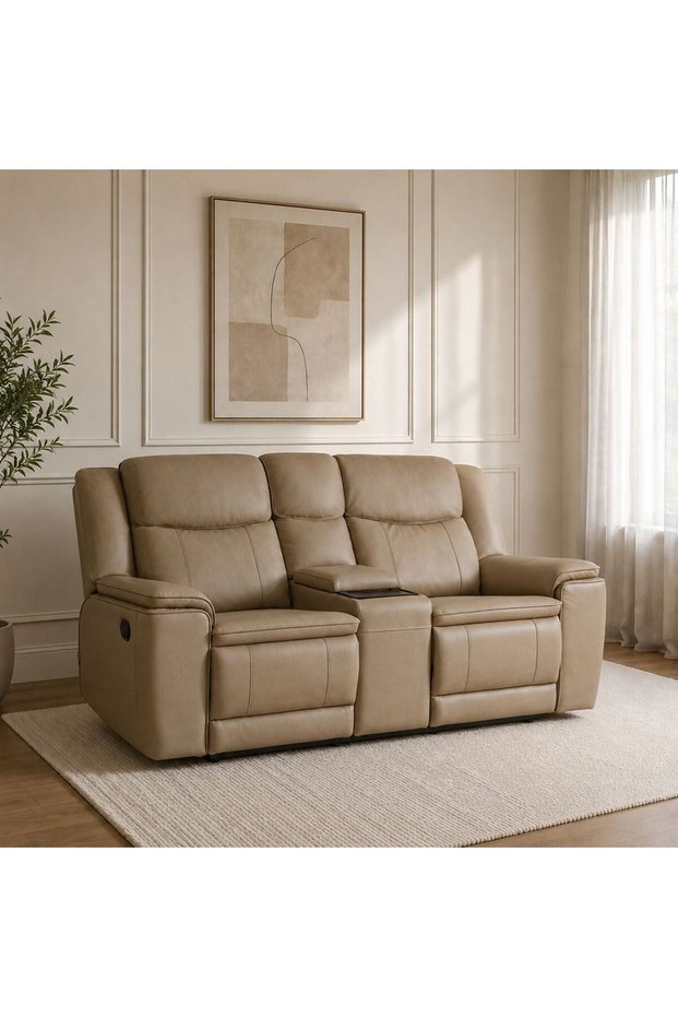 Aurevo 2 Seater Faux Leather Recliner With Console And Storage + Wireless Charging Beige