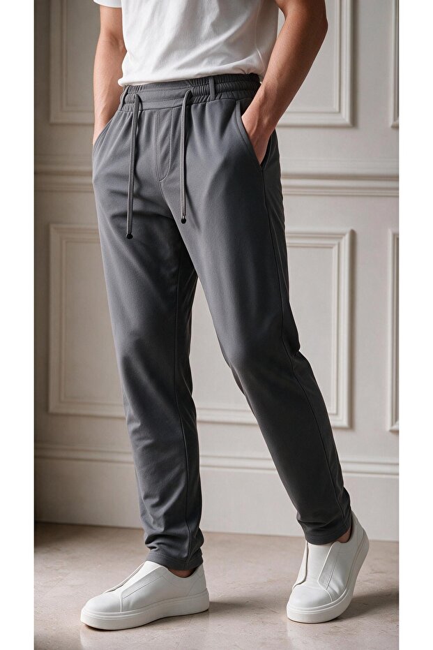 Men's Smoked Elastic Waist Lace-Up Straight Leg Jogger Relaxed Fit Pants