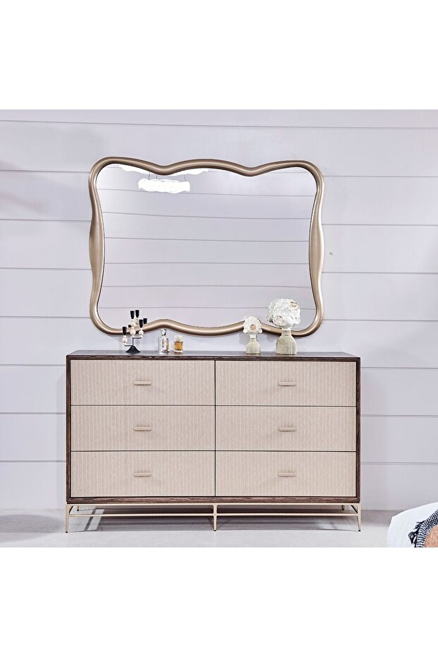 Atlanta 6 Drawer Dresser with Mirror And Stool Walnut/Beige