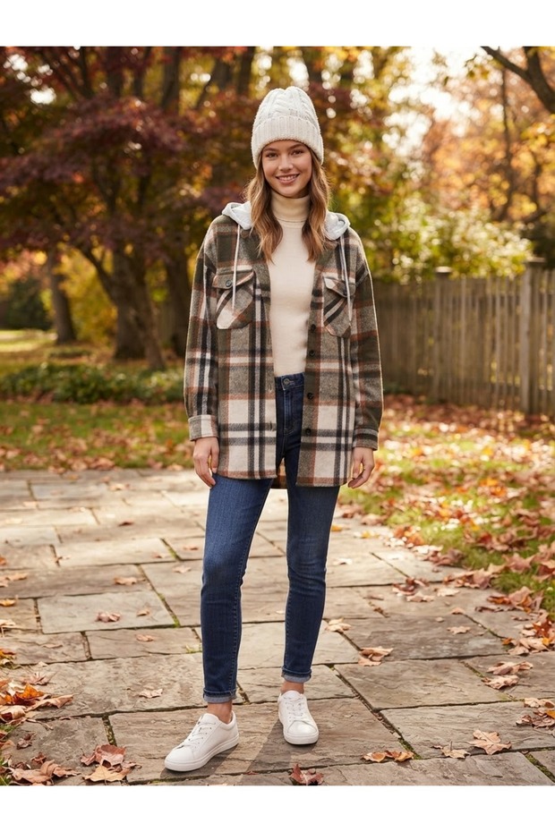 Hooded Pocketed Plaid Pattern Viscose Tunic (Khaki/Grey)