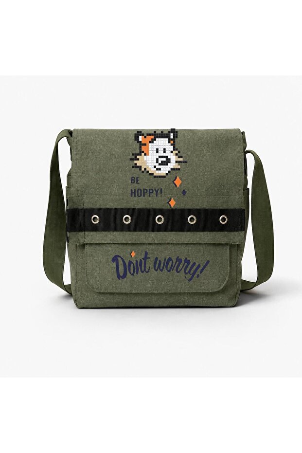 Khaki Dont Worry Printed Round Eyelet Messenger Bag