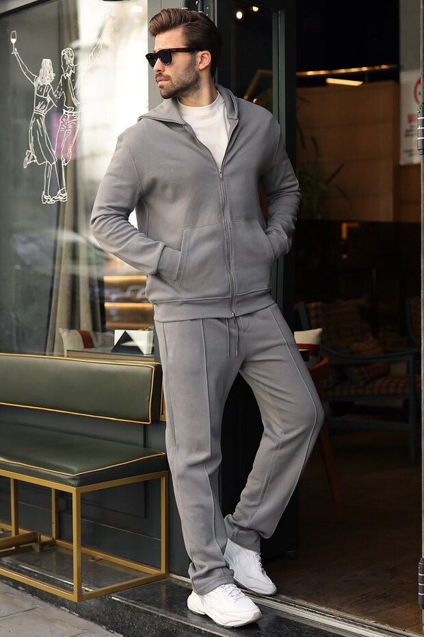 Smoked Double Zipper Hooded Men's Tracksuit Set E7371