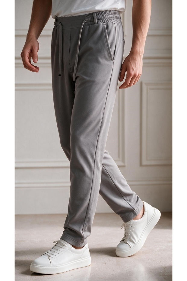 Men's Light Smoked Elastic Waist Lace-Up Straight-Leg Jogger Relaxed Fit Pants