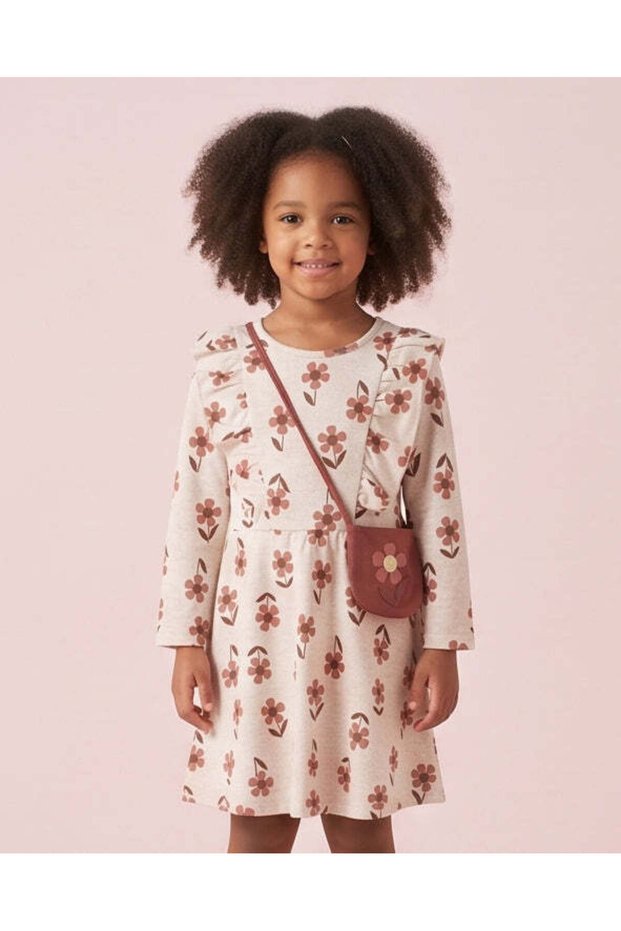 Girls Ivory Floral Print Dress with Sequin Bag