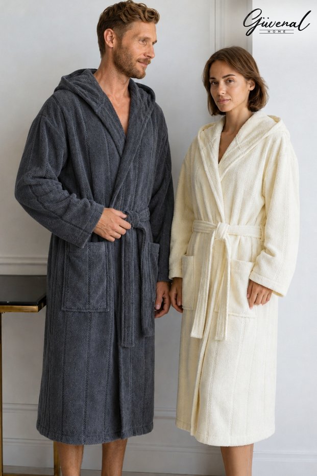 Savanna | Set of 2 Cotton Unisex Velvet Hooded Bathrobes | Ultra Soft | Women's Bathrobe | Men's Bathrobe | Dowry | Bathroom