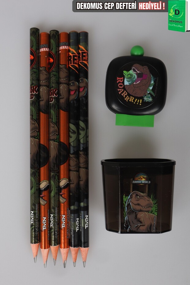 X Dekomus Licensed Jurassic World 6-Piece Pencil, Eraser, and Sharpener Set
