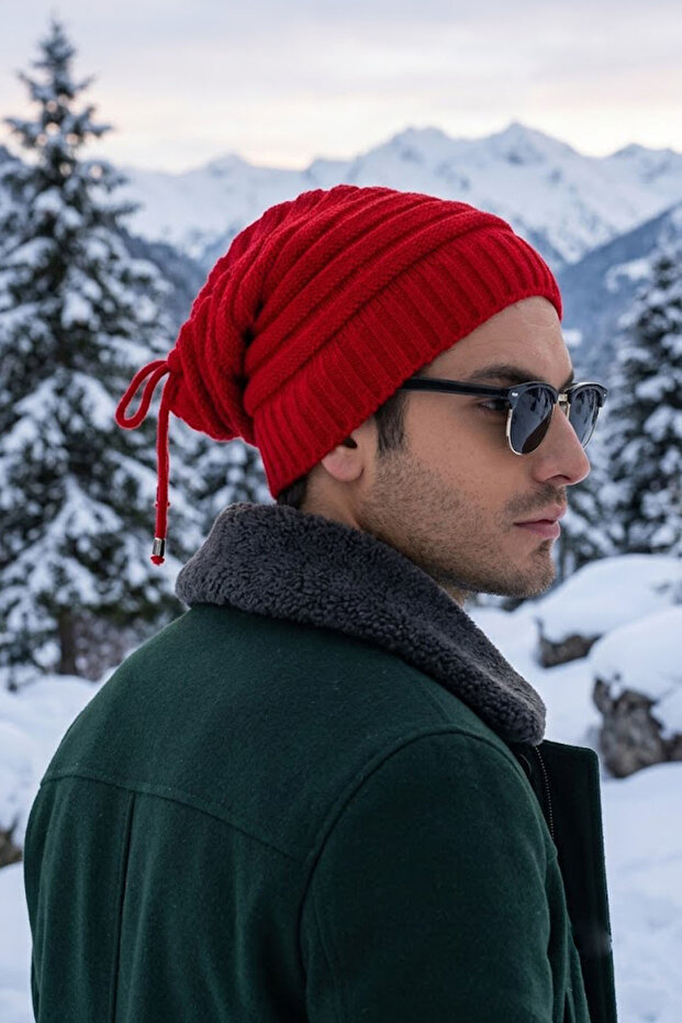 Unisex Knitwear Beanie with Drawstring at the Back, Winter Draped Slouchy Beanie
