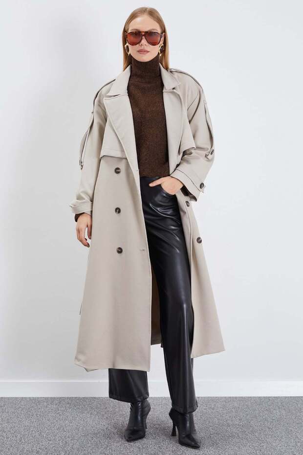Double-Breasted Collar Belted Trench Coat with Cape Detail