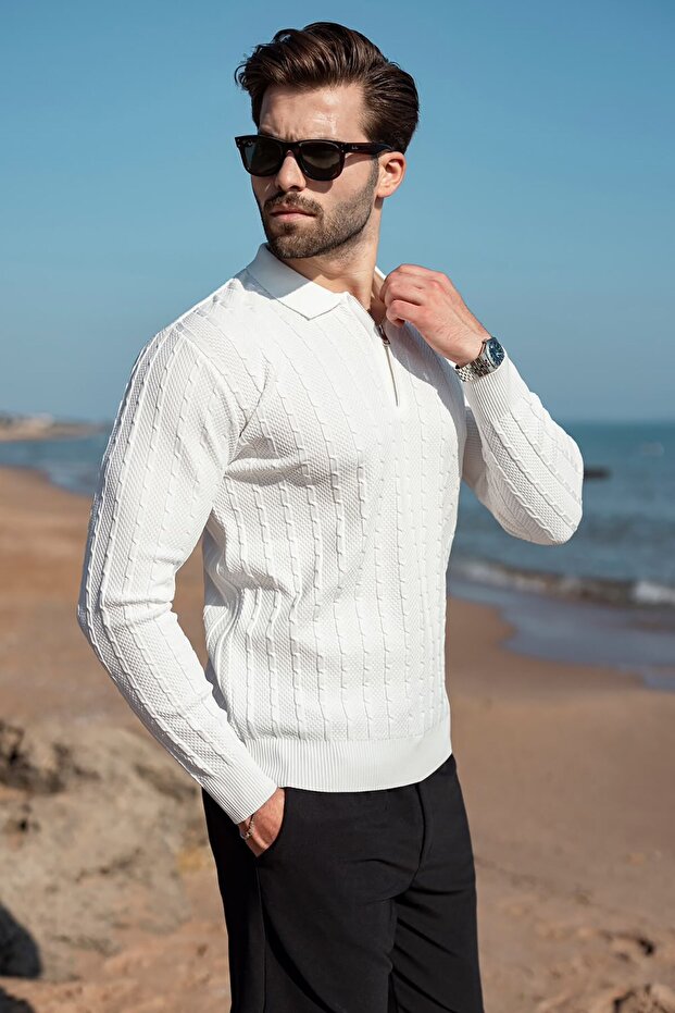White Polo Collar Knitted Patterned Knitwear Men's Sweater E7507