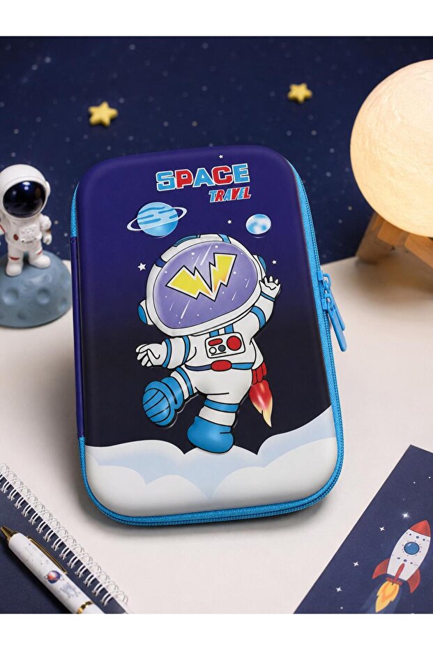 Boy's Pencil Case Large Size Zippered Pencil Case 3D Astronaut and Ufo Rocket Pattern Cute School Pencil Case Stationery Bag Student Pencil Case Large Volume Pencil Holder Models