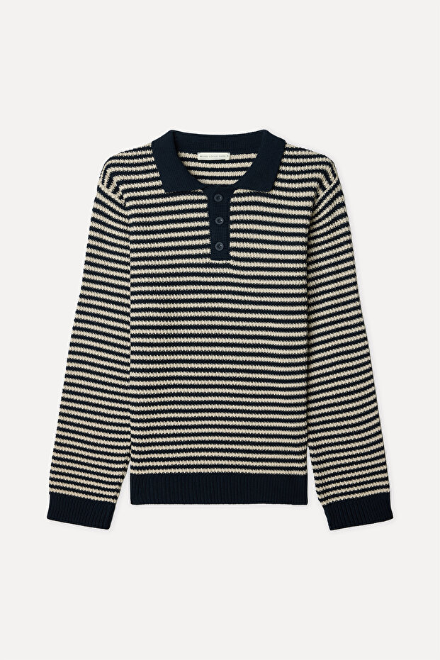 Men's Navy Blue Striped Polo Collar Sweater