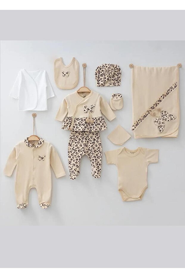 Minicyzn 3006 Beige Leopard Newborn Boxed Hospital Release 10-Piece Bodysuit Set'0-3 Months'