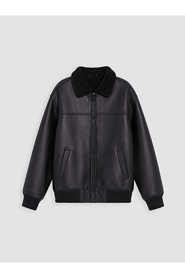 Fur Collar Boy's Leather Look Coat