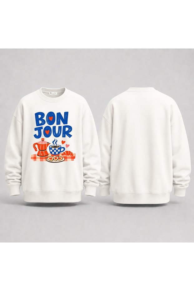 Bonjour Colorful Design Printed Unisex Oversize Sweatshirt (Size S-M / M-L)