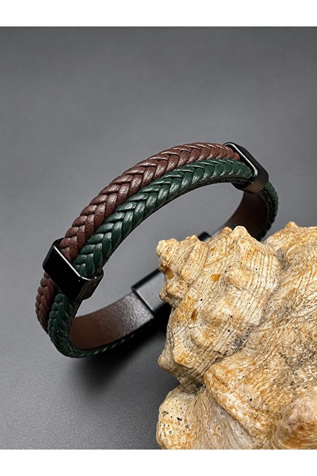 Men's Leather Bracelet Real Calfskin Double Color Weave Casual Design 21 cm Mentor Series