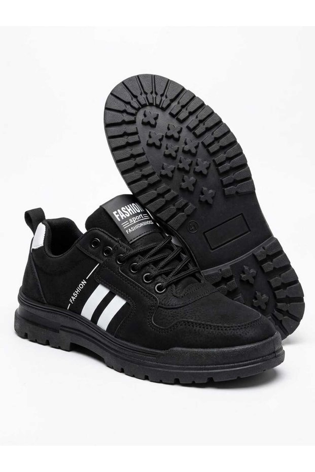 Men's Black Sports Sneakers Lace-Up Casual Walking Shoes with Stripes