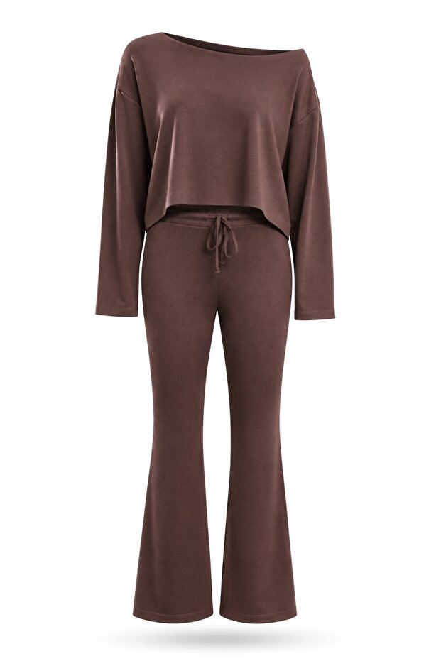 Brown Boat Neck Blouse Trousers Set 12281