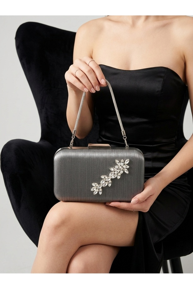 Anthracite Gray Platinum Striped Satin Silver Detailed Crystal Stone Chain Strap Women's Evening Dress Bag Wedding Engagement Graduation