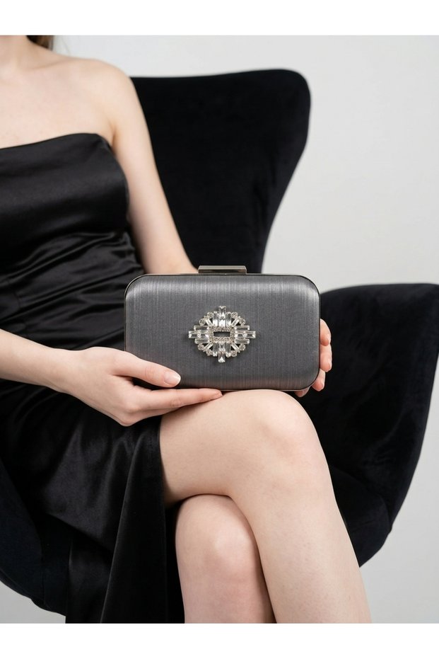 Anthracite Gray Platinum Striped Satin Silver Detailed Crystal Stone Chain Strap Women's Evening Dress Bag Wedding Engagement Graduation