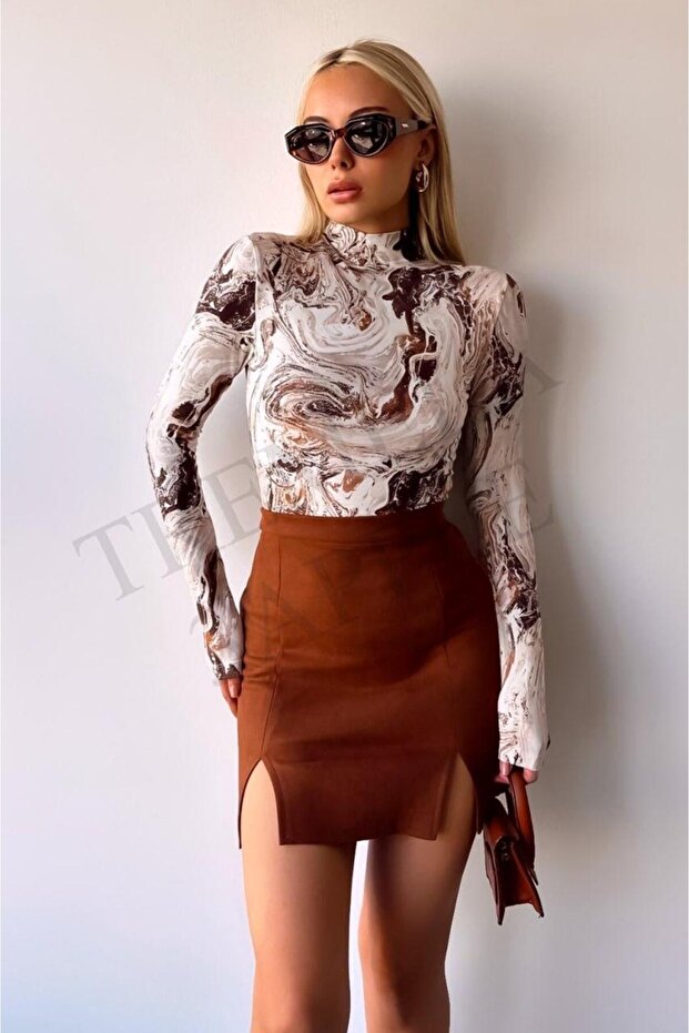 Women Coffee Cream Pattern Half Fisherman Long Sleeve Blouse