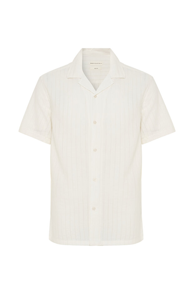 Men's White Striped Regular Fit Resort Collar Short Sleeve Shirt