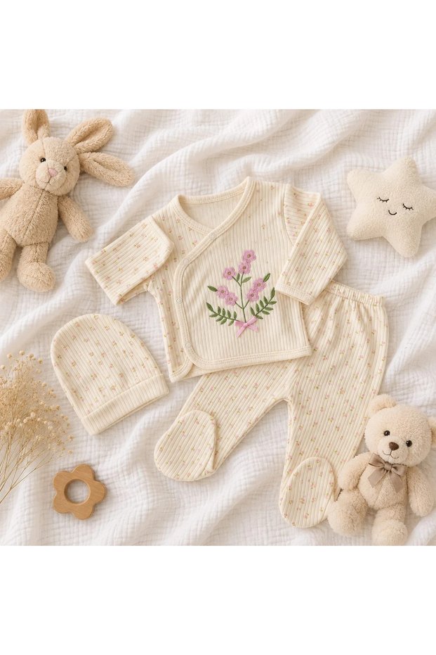 Flower Embroidered 3-Piece Baby Set