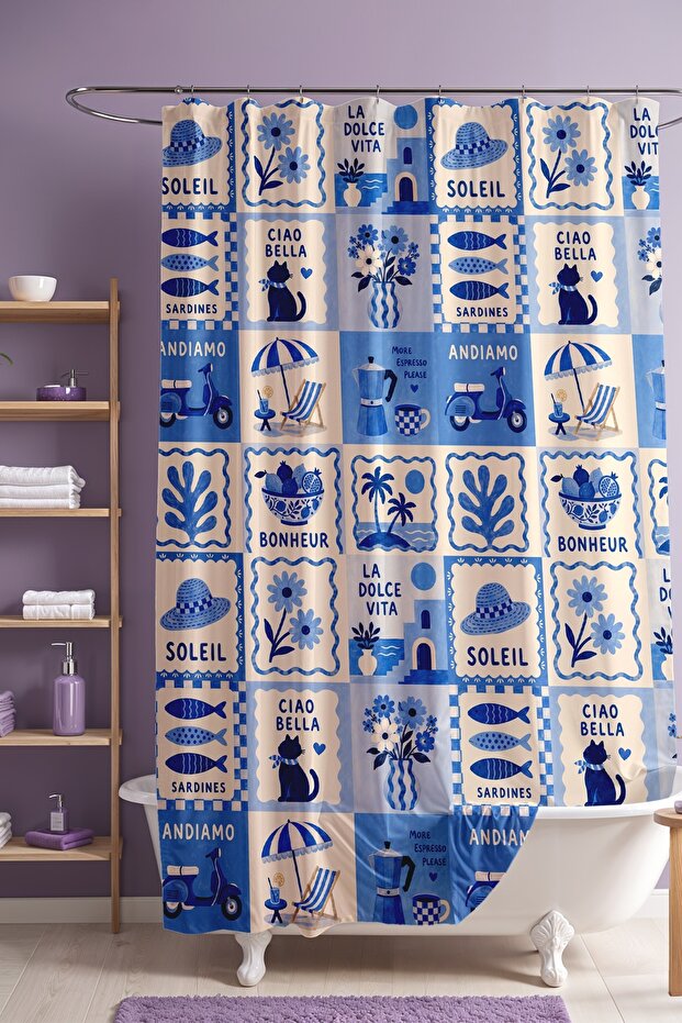 Seafront Icons in Squares Patterned Shower Curtain, Bathtub Curtain 175X200Cm
